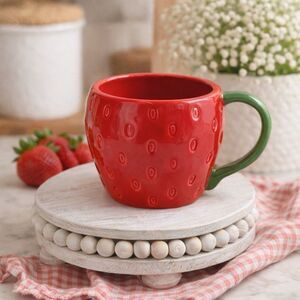 LANG Strawberry Mug Red Green Ceramic Coffee Cup Cute Cottagecore Fruit